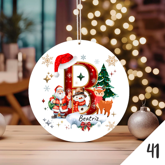 Bola de Natal Personalizada com Inicial e motivos de Natal (Pai Natal, Rena, árvore de natal, Boneco de Neve...) - Letra B