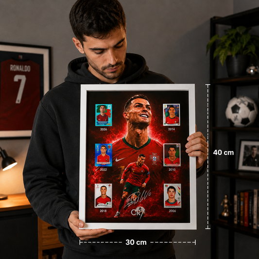 Quadro CR7 com cromos dos Campeonatos do Mundo e assinatura