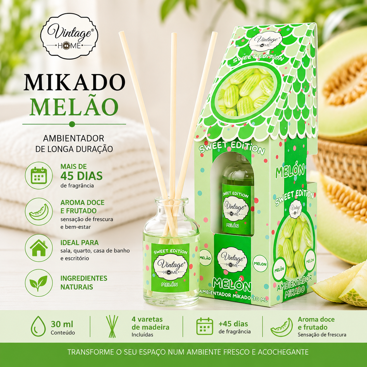 Mikado Melão 30ml – Ambientador de Varetas Frutado | Vintage Home