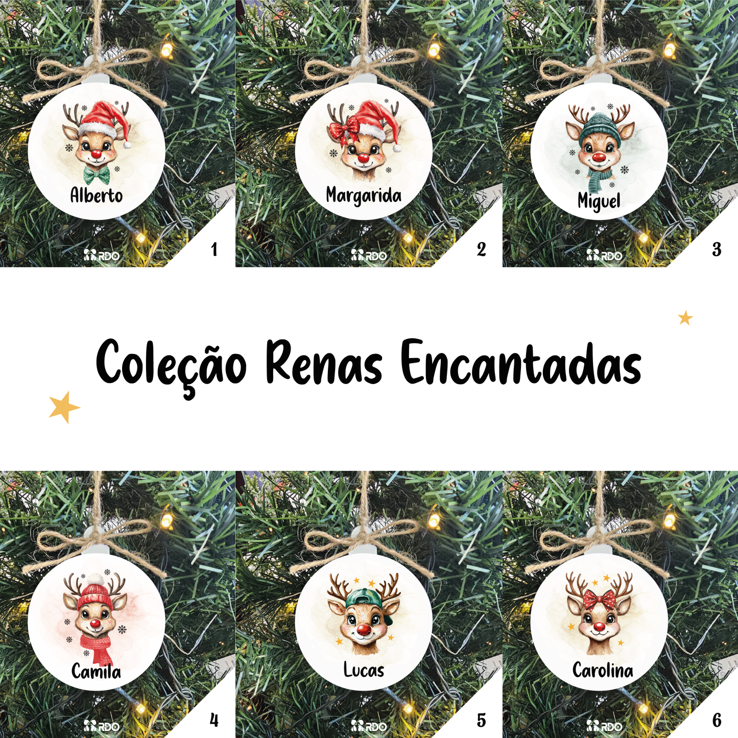 Bola de Natal Personalizada com desenho de rena da coleção de Renas Encantadas. Personalização com Nome ou Frase 