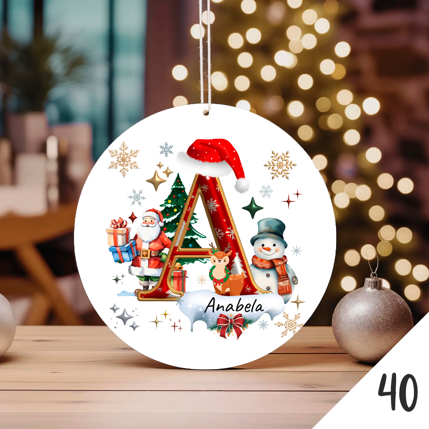 Bola de Natal Personalizada com Inicial e motivos de Natal (Pai Natal, Rena, árvore de natal, Boneco de Neve...) - Letra A