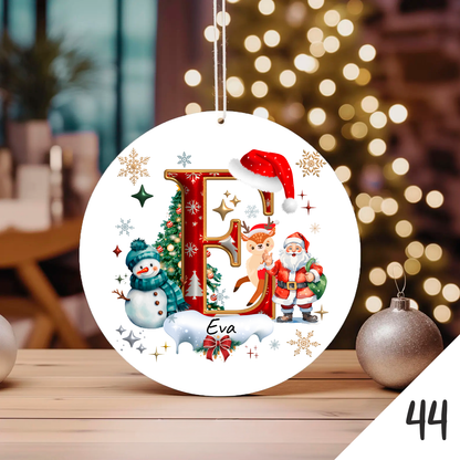 Bola de Natal Personalizada com Inicial e motivos de Natal (Pai Natal, Rena, árvore de natal, Boneco de Neve...) - Letra E