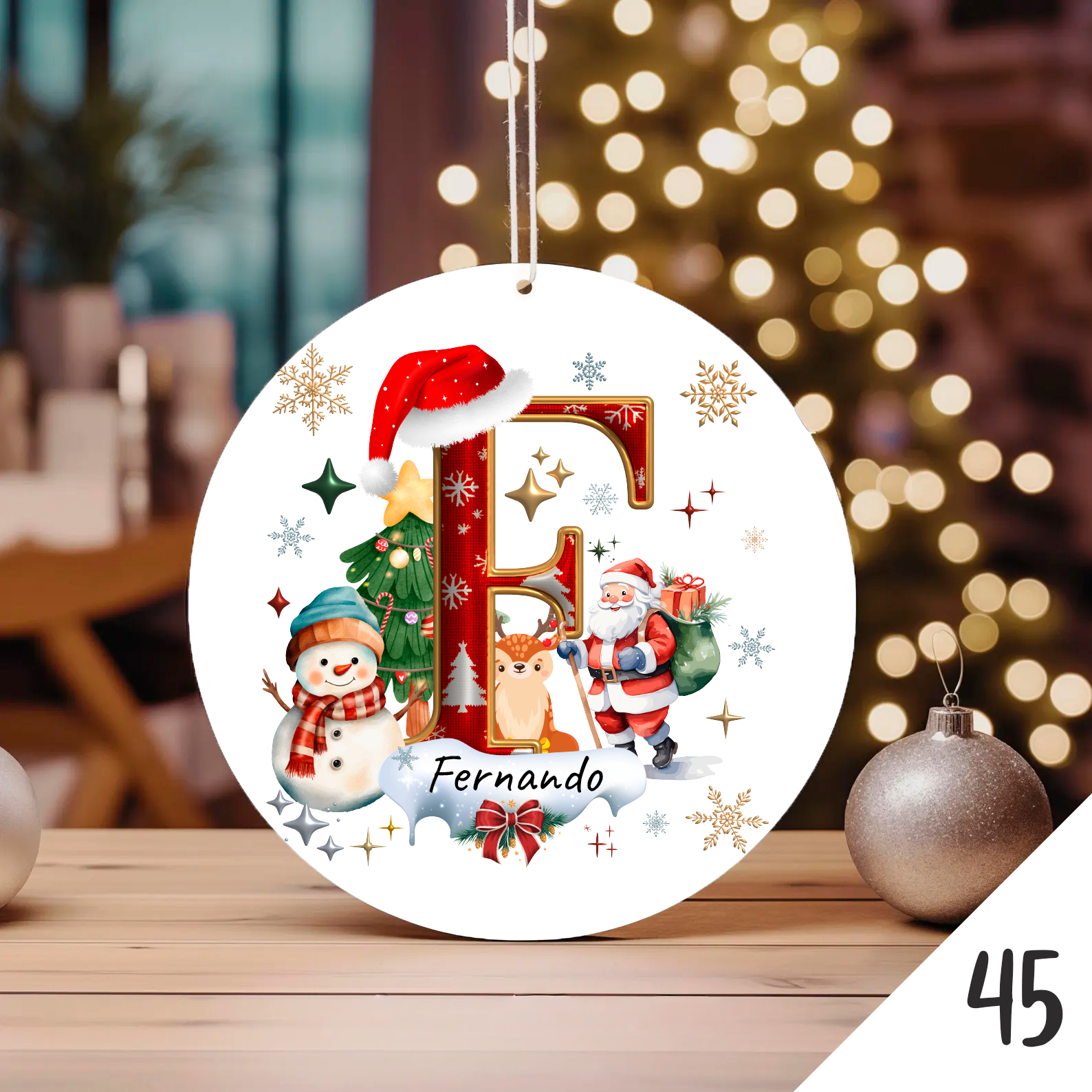Bola de Natal Personalizada com Inicial e motivos de Natal (Pai Natal, Rena, árvore de natal, Boneco de Neve...) - Letra F