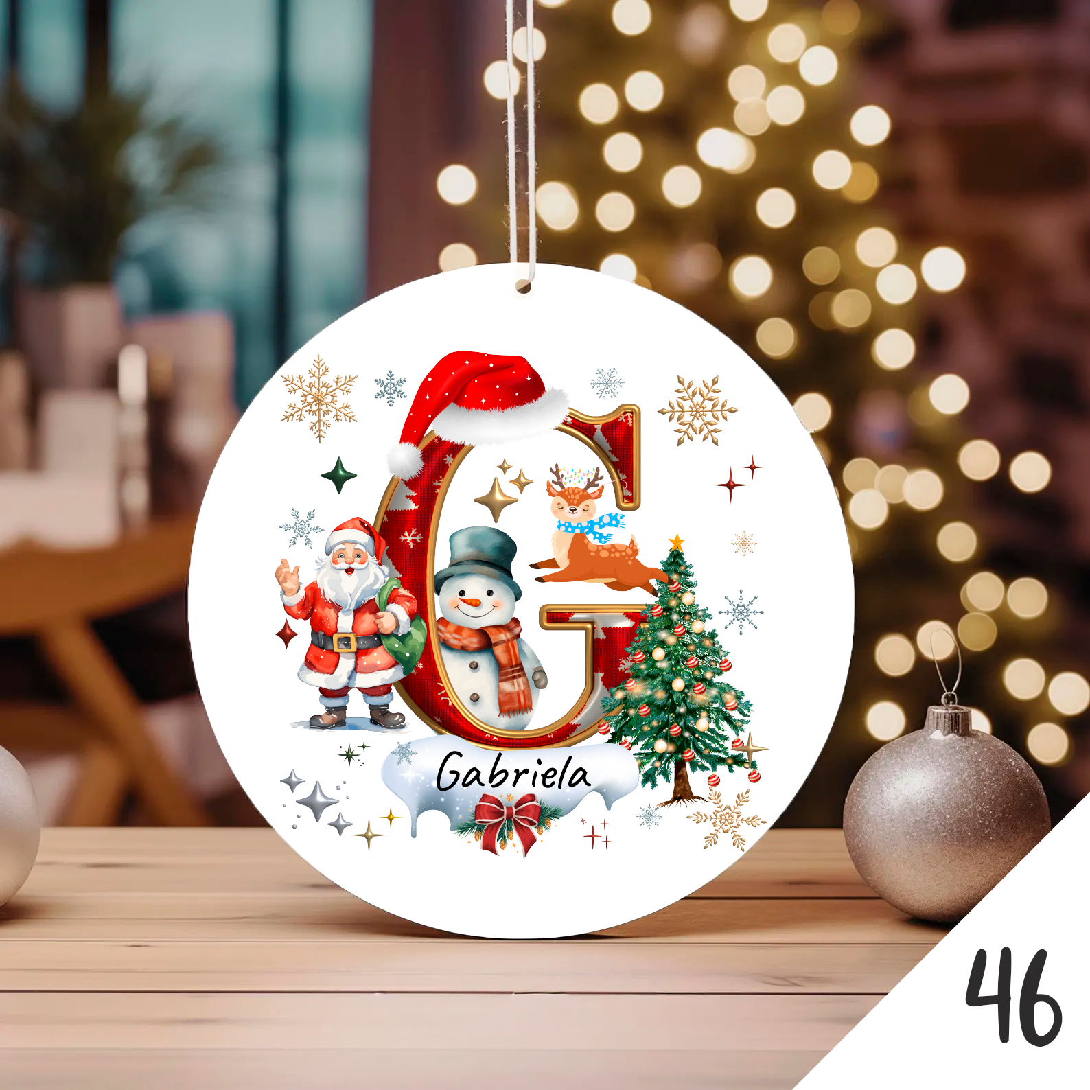 Bola de Natal Personalizada com Inicial e motivos de Natal (Pai Natal, Rena, árvore de natal, Boneco de Neve...) - Letra G
