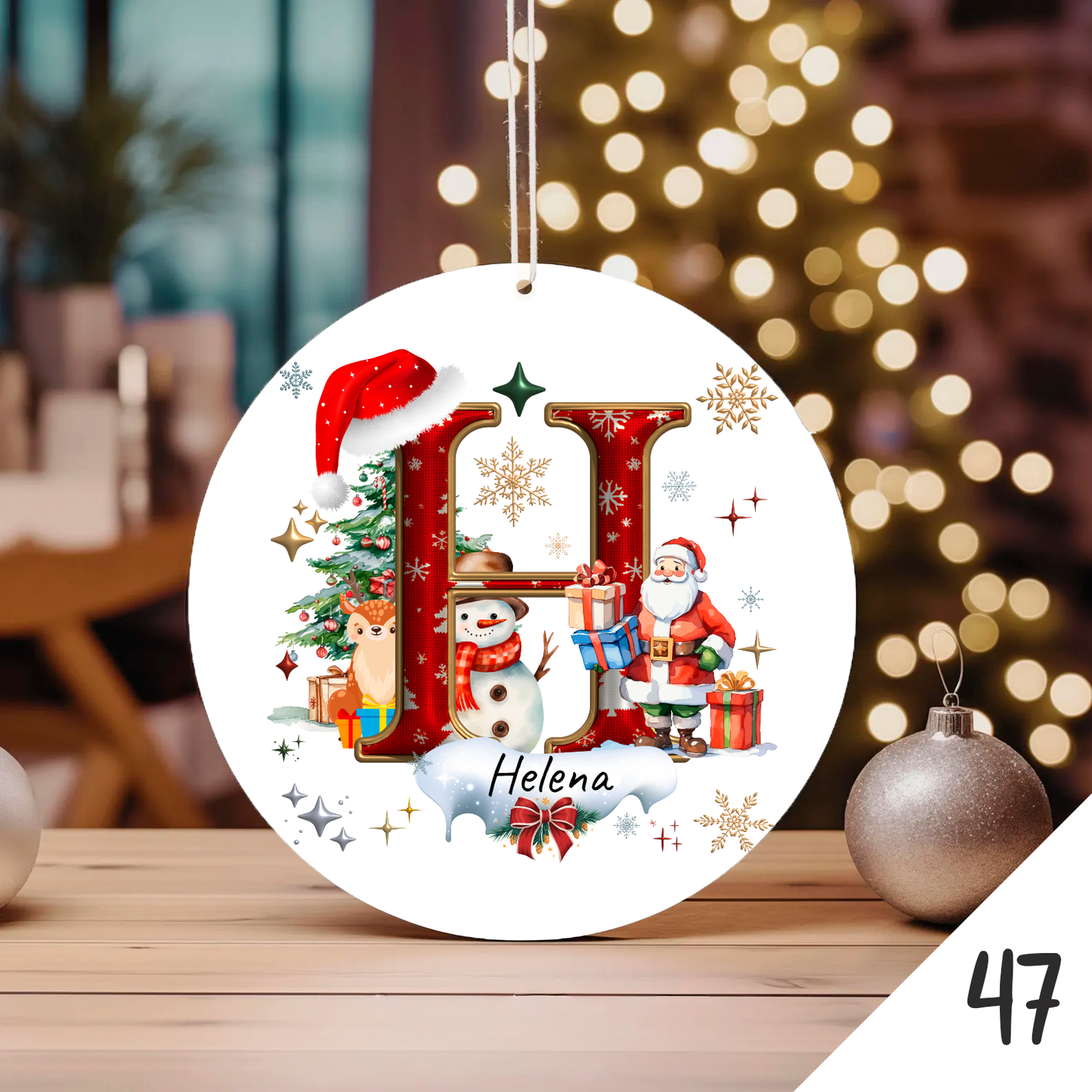 Bola de Natal Personalizada com Inicial e motivos de Natal (Pai Natal, Rena, árvore de natal, Boneco de Neve...) - Letra H