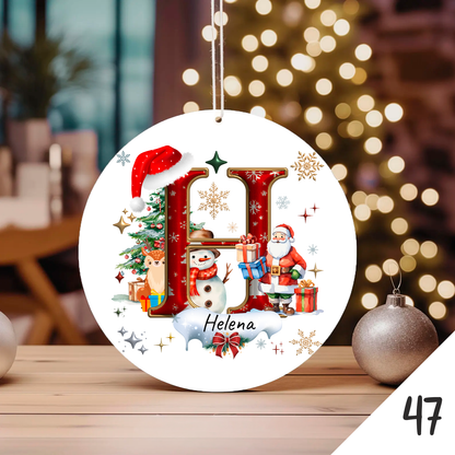 Bola de Natal Personalizada com Inicial e motivos de Natal (Pai Natal, Rena, árvore de natal, Boneco de Neve...) - Letra H