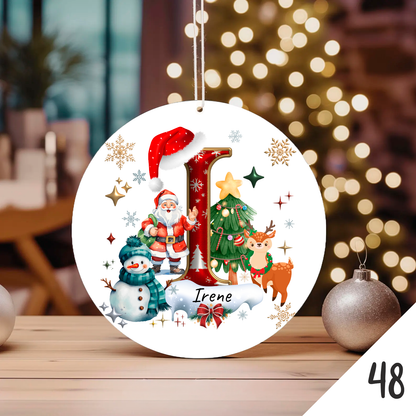 Bola de Natal Personalizada com Inicial e motivos de Natal (Pai Natal, Rena, árvore de natal, Boneco de Neve...) - Letra I