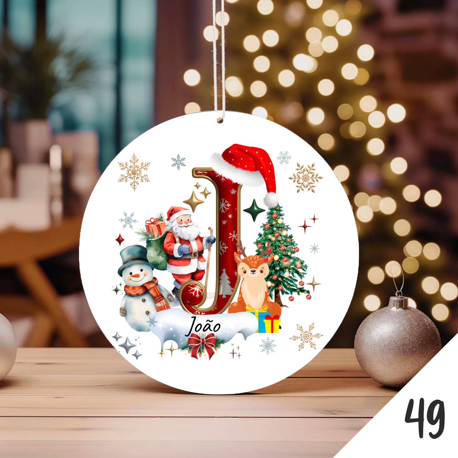 Bola de Natal Personalizada com Inicial e motivos de Natal (Pai Natal, Rena, árvore de natal, Boneco de Neve...) - Letra J