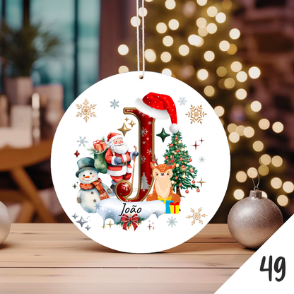 Bola de Natal Personalizada com Inicial e motivos de Natal (Pai Natal, Rena, árvore de natal, Boneco de Neve...) - Letra J