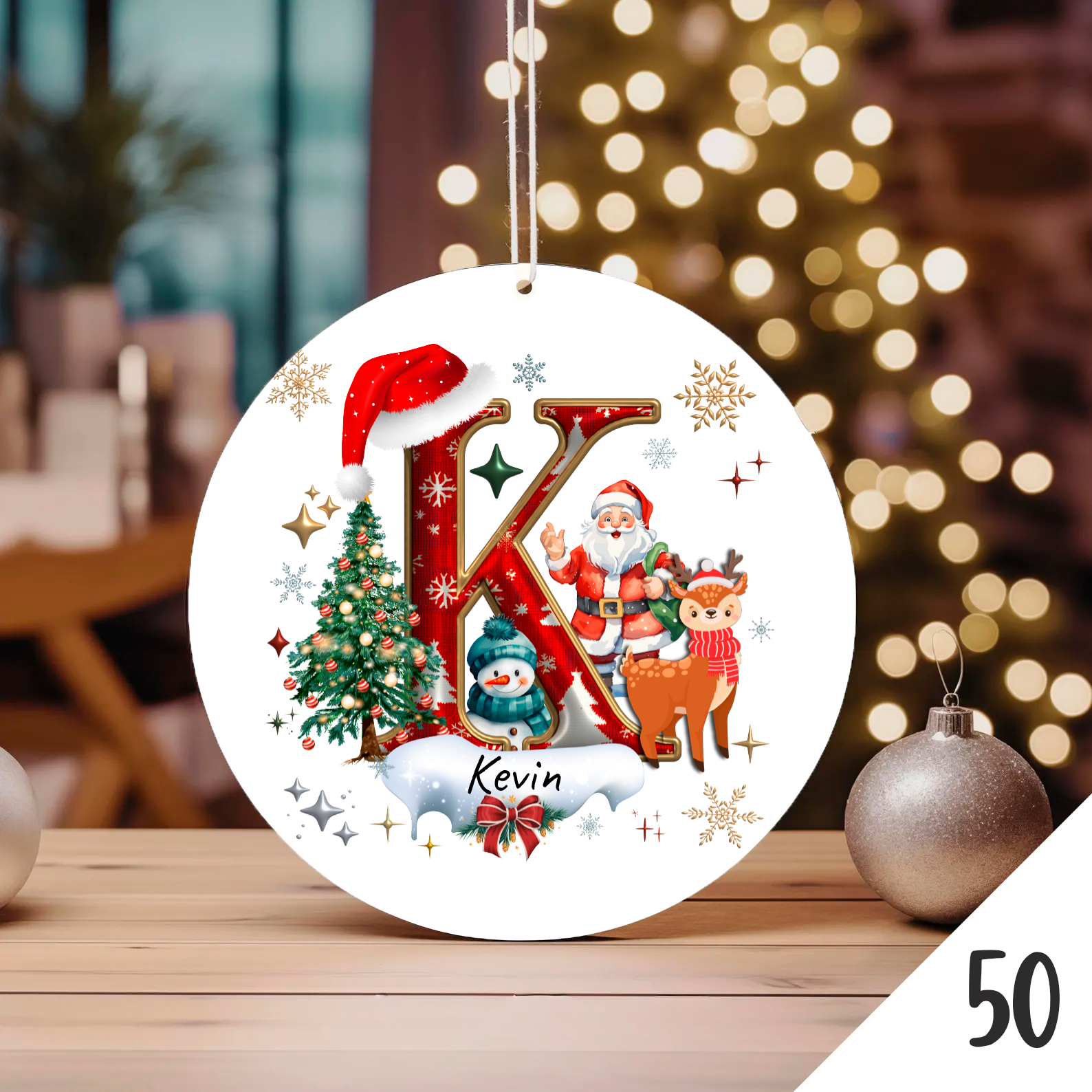 Bola de Natal Personalizada com Inicial e motivos de Natal (Pai Natal, Rena, árvore de natal, Boneco de Neve...) - Letra K