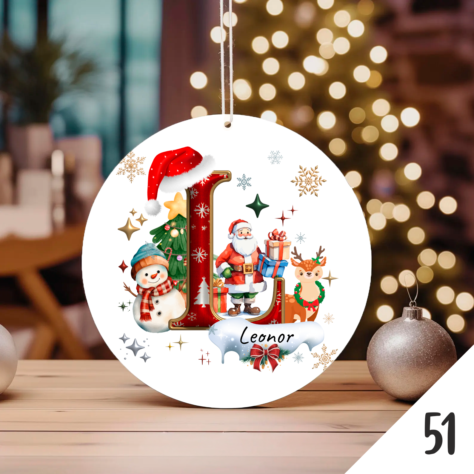 Bola de Natal Personalizada com Inicial e motivos de Natal (Pai Natal, Rena, árvore de natal, Boneco de Neve...) - Letra L