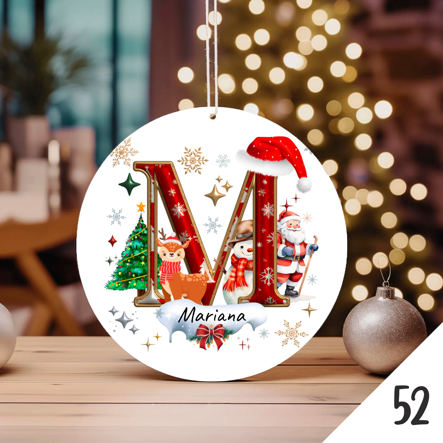 Bola de Natal Personalizada com Inicial e motivos de Natal (Pai Natal, Rena, árvore de natal, Boneco de Neve...) - Letra M