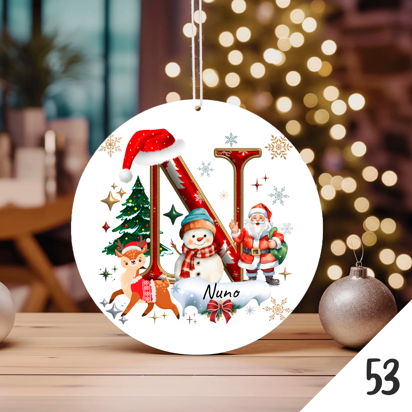 Bola de Natal Personalizada com Inicial e motivos de Natal (Pai Natal, Rena, árvore de natal, Boneco de Neve...) - Letra N