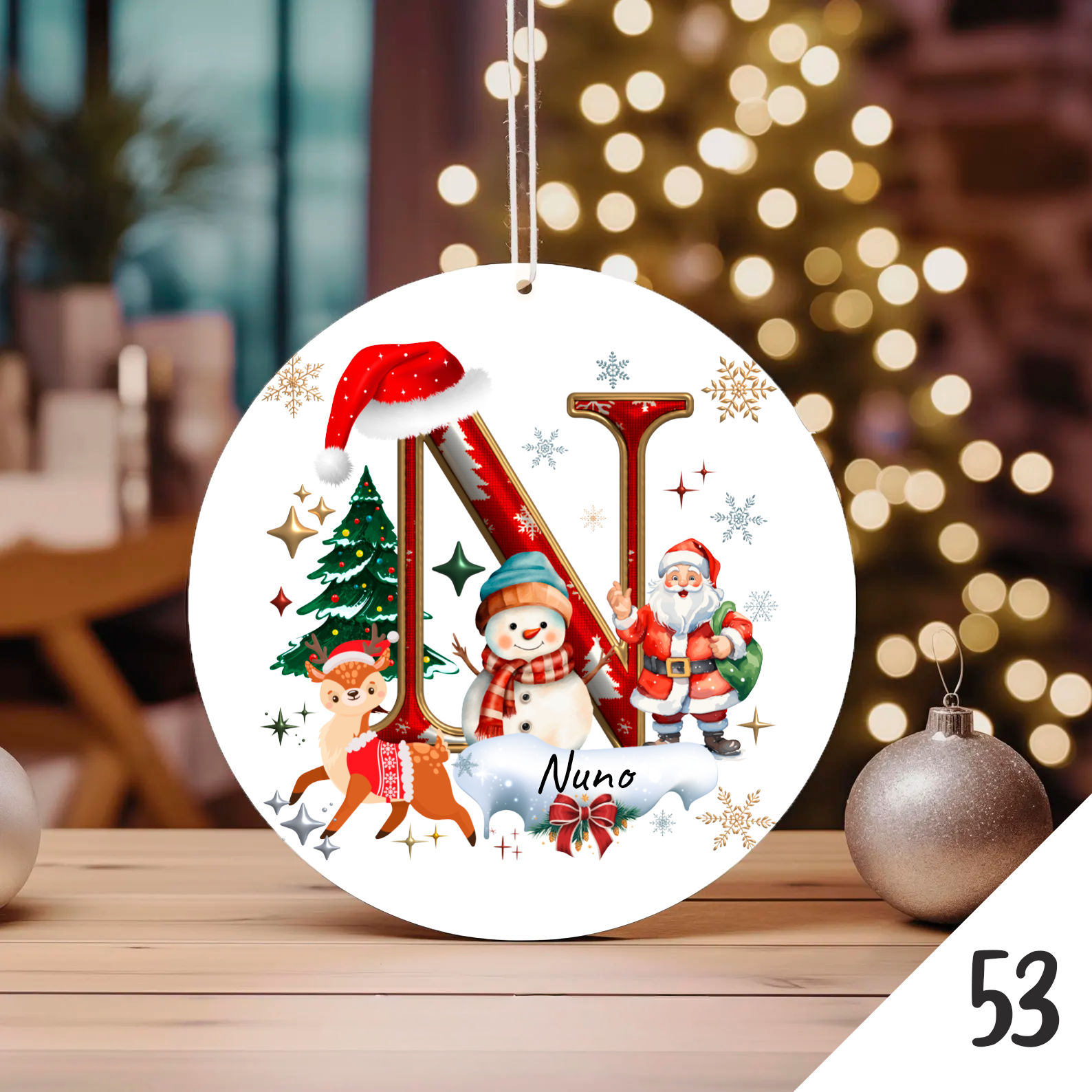 Bola de Natal Personalizada com Inicial e motivos de Natal (Pai Natal, Rena, árvore de natal, Boneco de Neve...) - Letra N