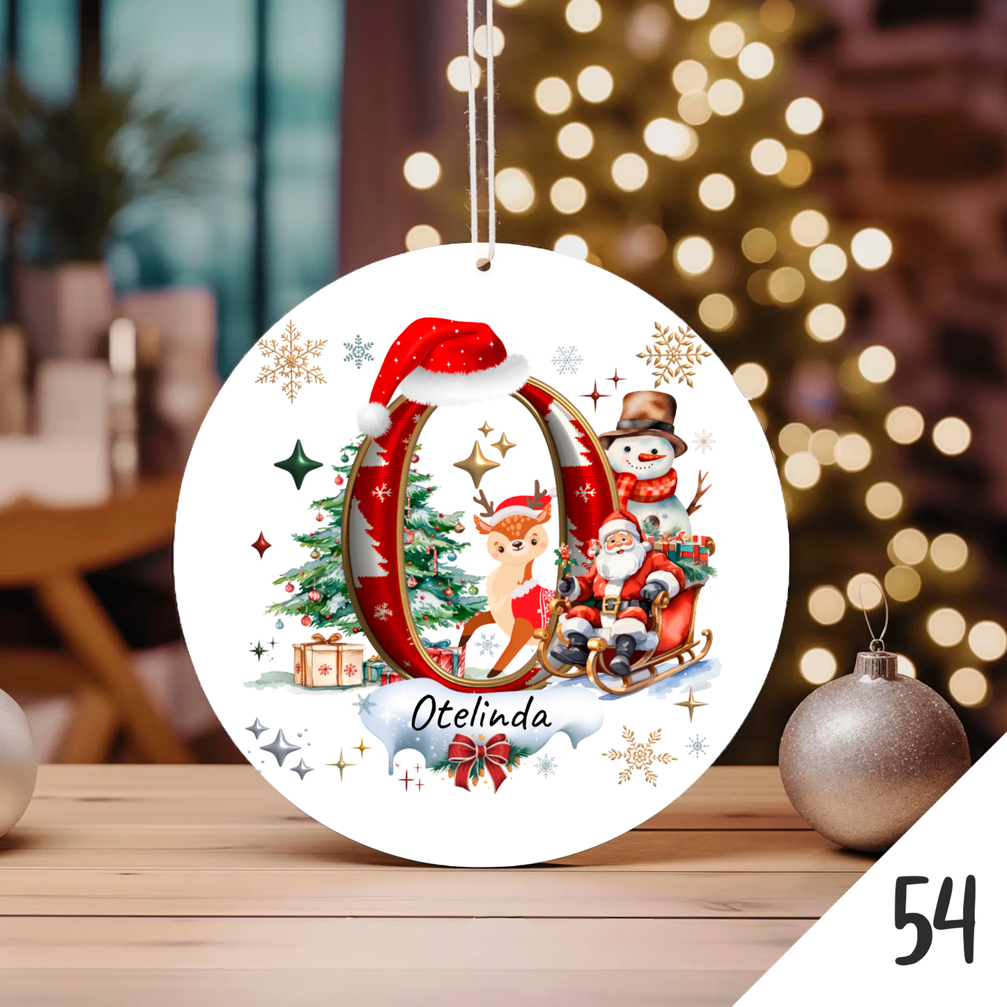 Bola de Natal Personalizada com Inicial e motivos de Natal (Pai Natal, Rena, árvore de natal, Boneco de Neve...) - Letra O