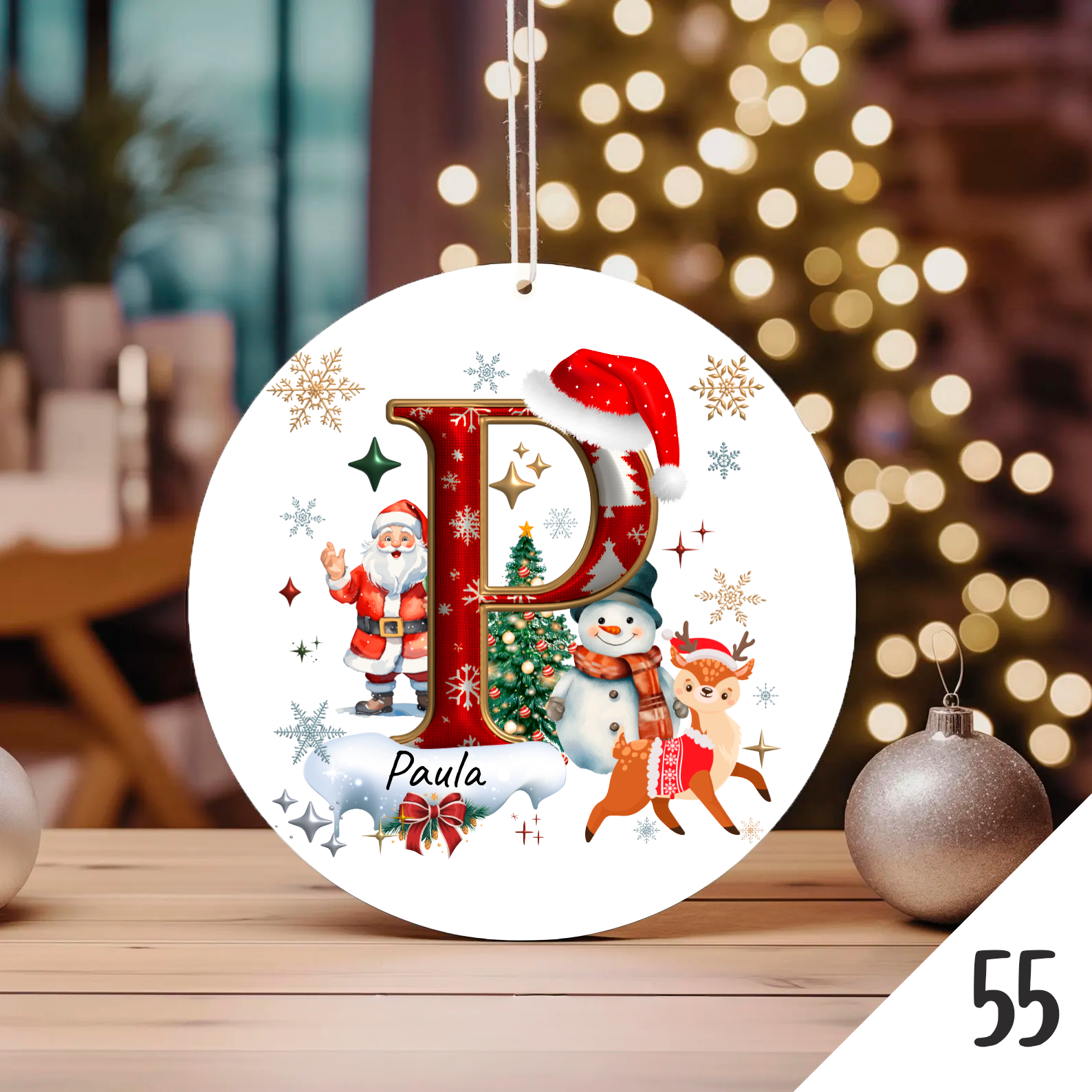 Bola de Natal Personalizada com Inicial e motivos de Natal (Pai Natal, Rena, árvore de natal, Boneco de Neve...) - Letra P
