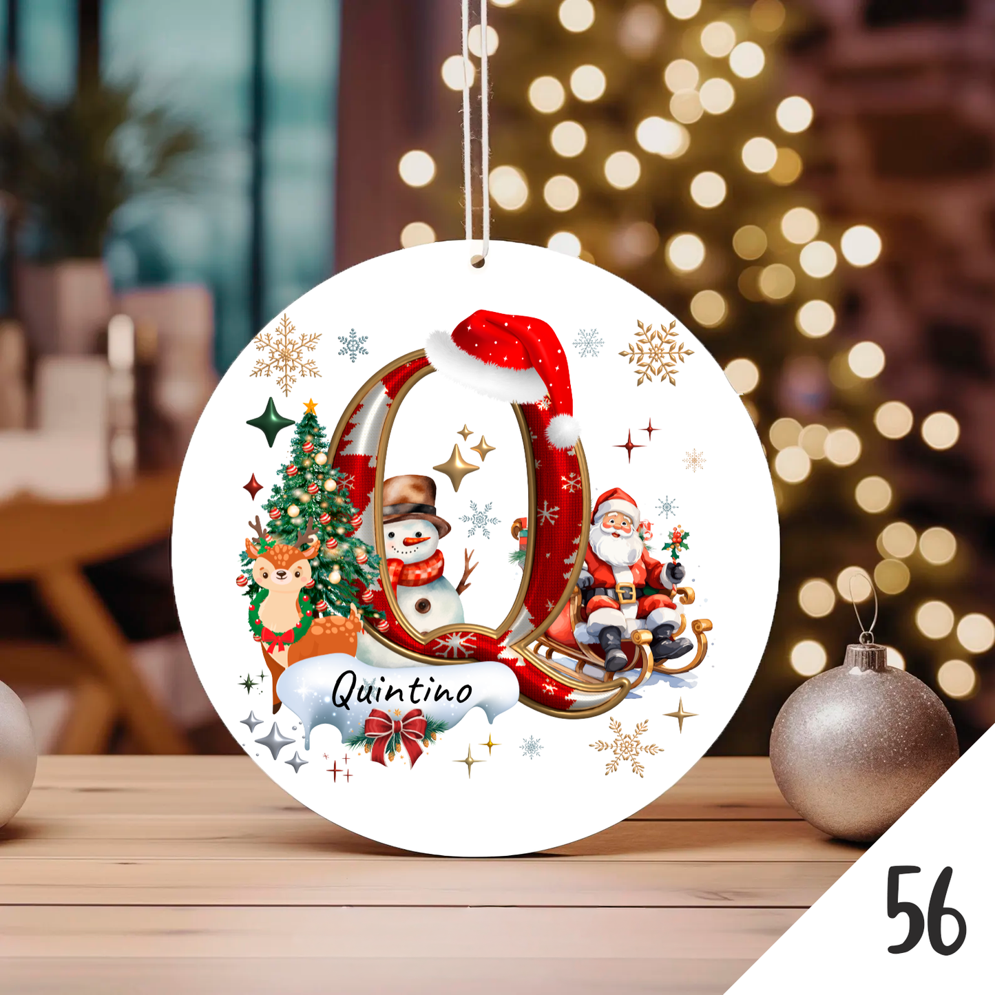 Bola de Natal Personalizada com Inicial e motivos de Natal (Pai Natal, Rena, árvore de natal, Boneco de Neve...) - Letra Q