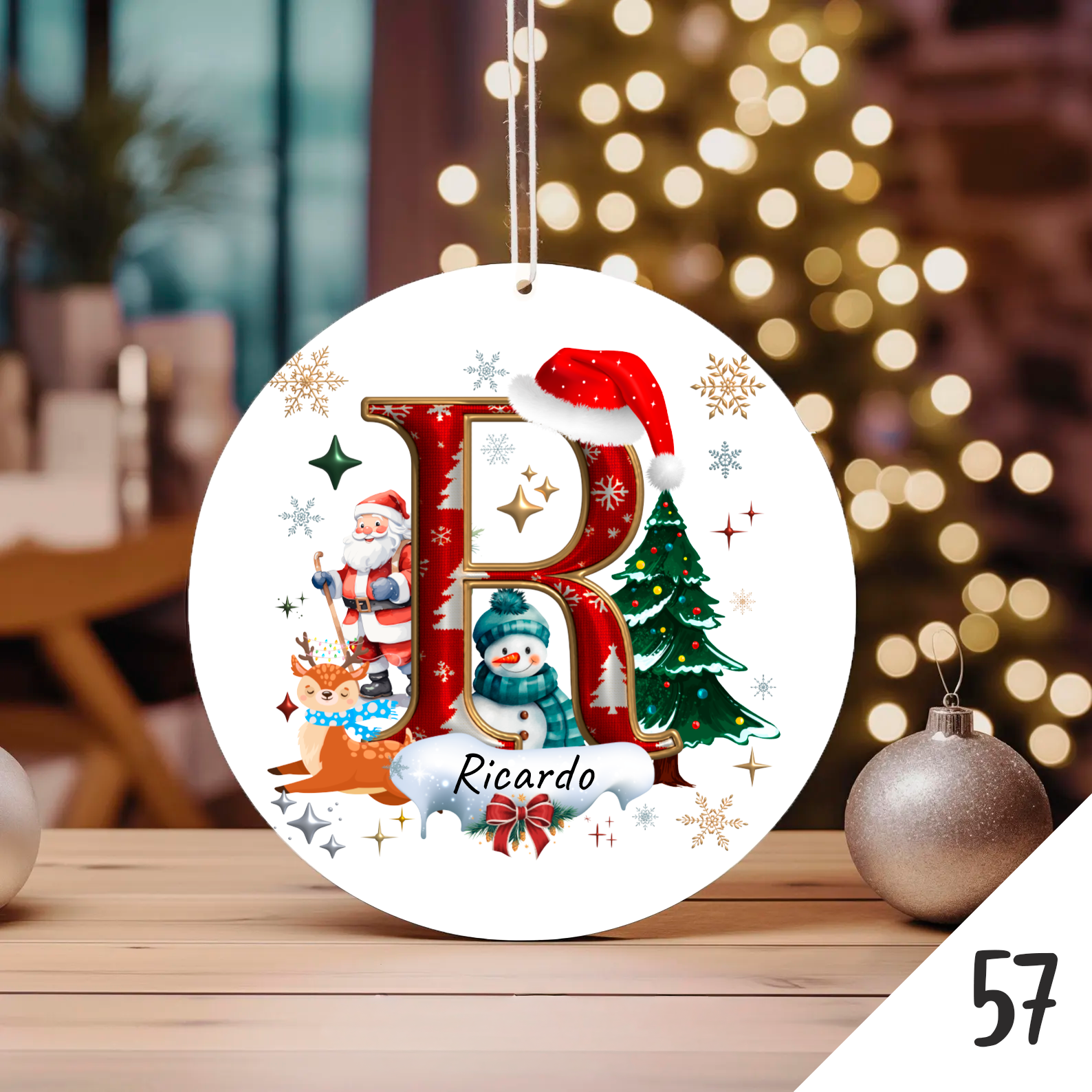 Bola de Natal Personalizada com Inicial e motivos de Natal (Pai Natal, Rena, árvore de natal, Boneco de Neve...) - Letra R