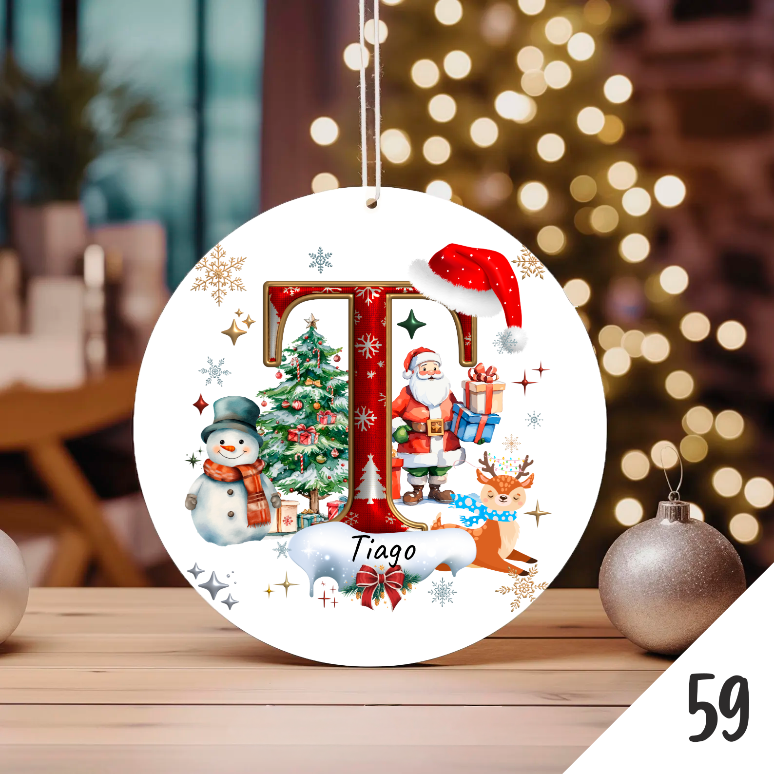 Bola de Natal Personalizada com Inicial e motivos de Natal (Pai Natal, Rena, árvore de natal, Boneco de Neve...) - Letra T
