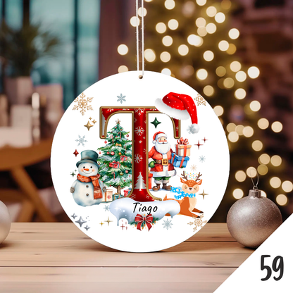 Bola de Natal Personalizada com Inicial e motivos de Natal (Pai Natal, Rena, árvore de natal, Boneco de Neve...) - Letra T