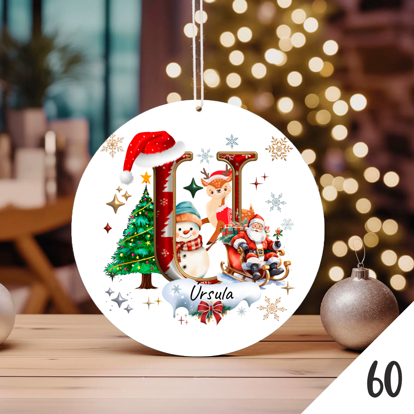 Bola de Natal Personalizada com Inicial e motivos de Natal (Pai Natal, Rena, árvore de natal, Boneco de Neve...) - Letra U