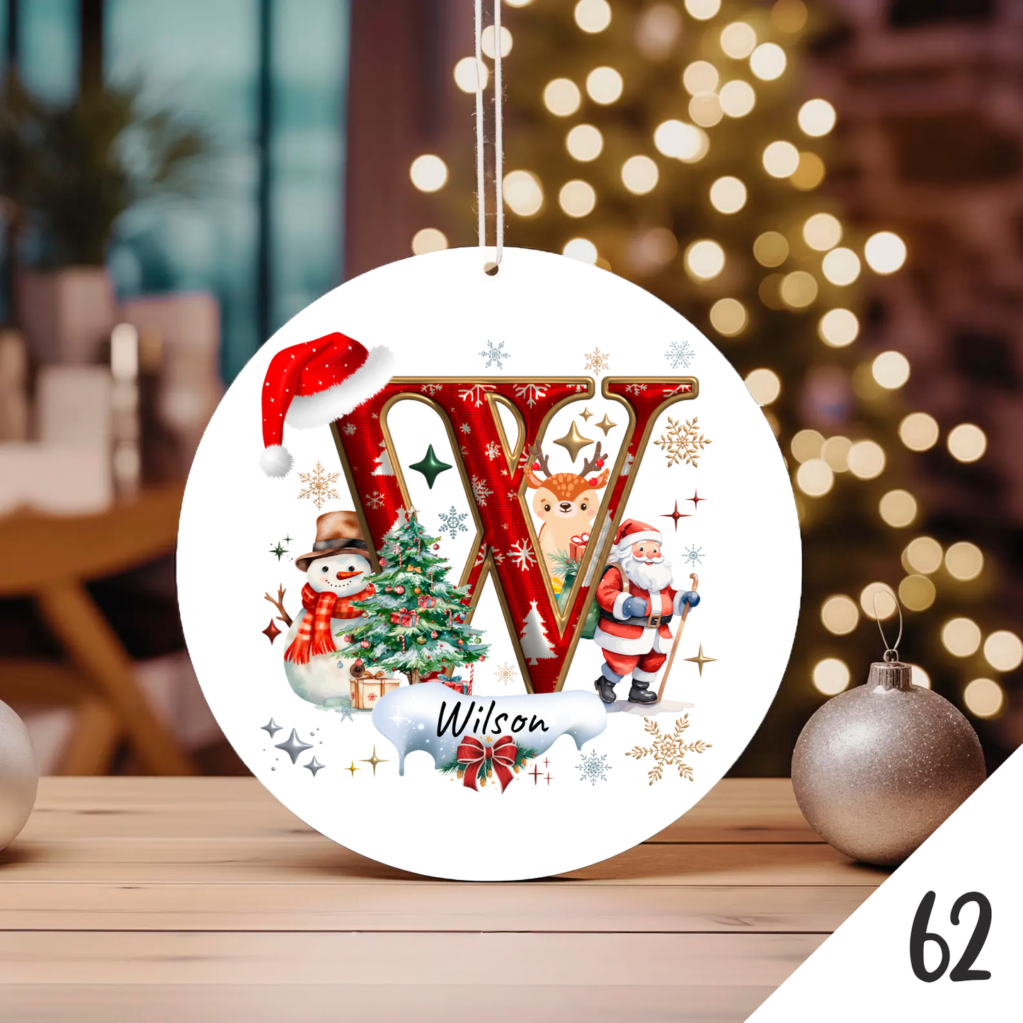 Bola de Natal Personalizada com Inicial e motivos de Natal (Pai Natal, Rena, árvore de natal, Boneco de Neve...) - Letra W