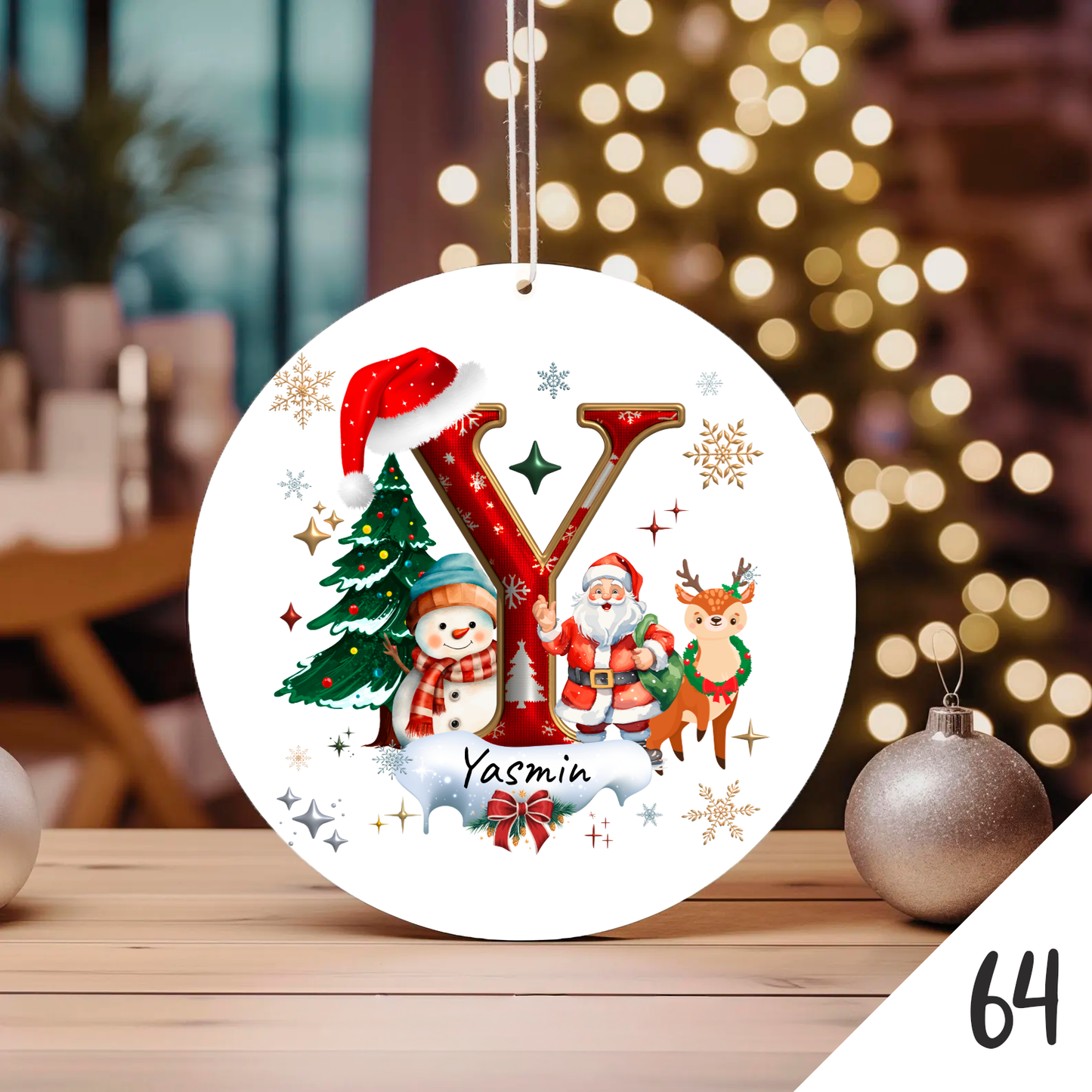 Bola de Natal Personalizada com Inicial e motivos de Natal (Pai Natal, Rena, árvore de natal, Boneco de Neve...) - Letra Y