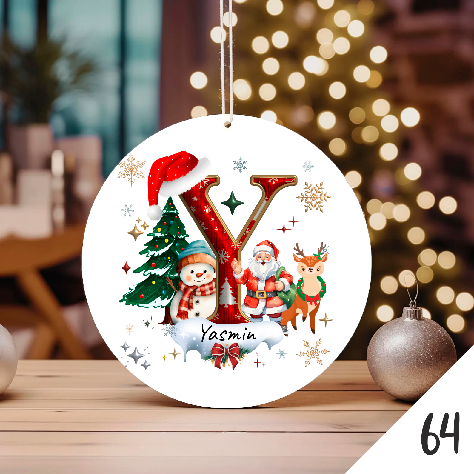 Bola de Natal Personalizada com Inicial e motivos de Natal (Pai Natal, Rena, árvore de natal, Boneco de Neve...) - Letra Y