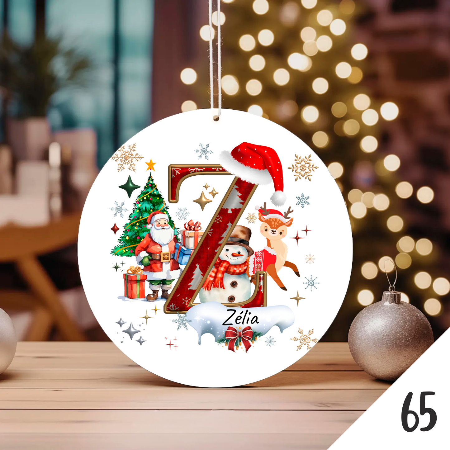 Bola de Natal Personalizada com Inicial e motivos de Natal (Pai Natal, Rena, árvore de natal, Boneco de Neve...) - Letra Z