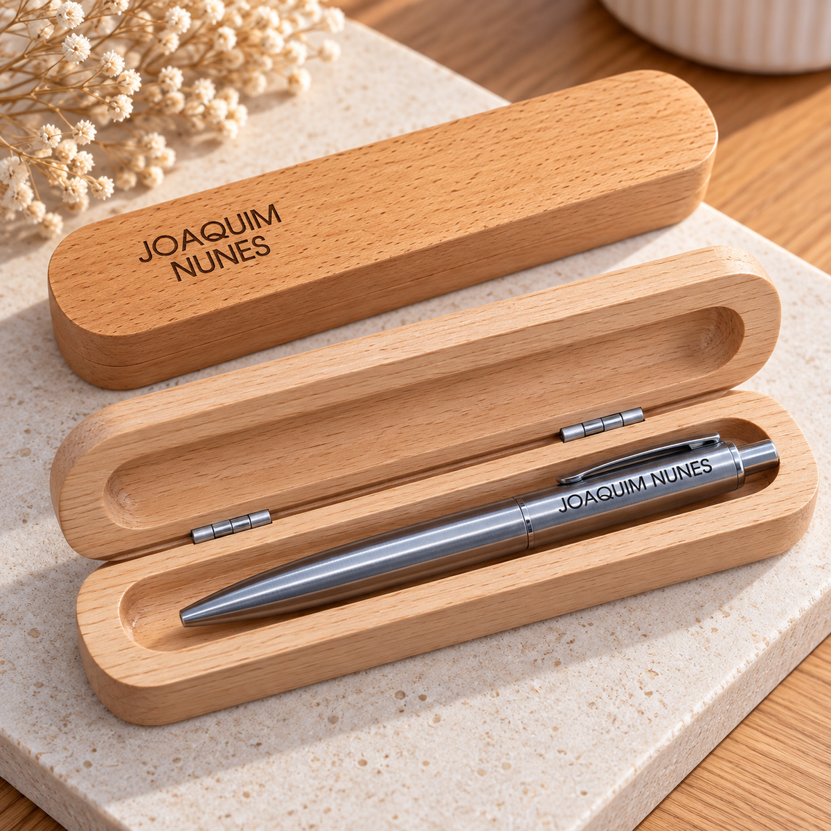 Caneta Aço Personalizada com Estojo de Madeira Gravação a laser
