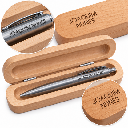 Caneta Aço Personalizada com Estojo de Madeira Gravação a laser