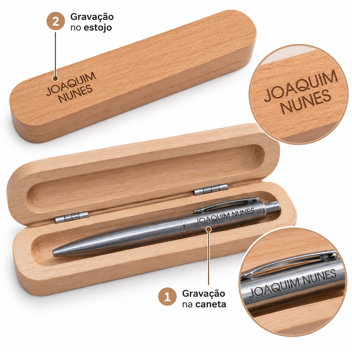 Caneta Aço Personalizada com Estojo de Madeira Gravação a laser