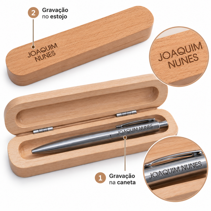 Caneta Aço Personalizada com Estojo de Madeira Gravação a laser