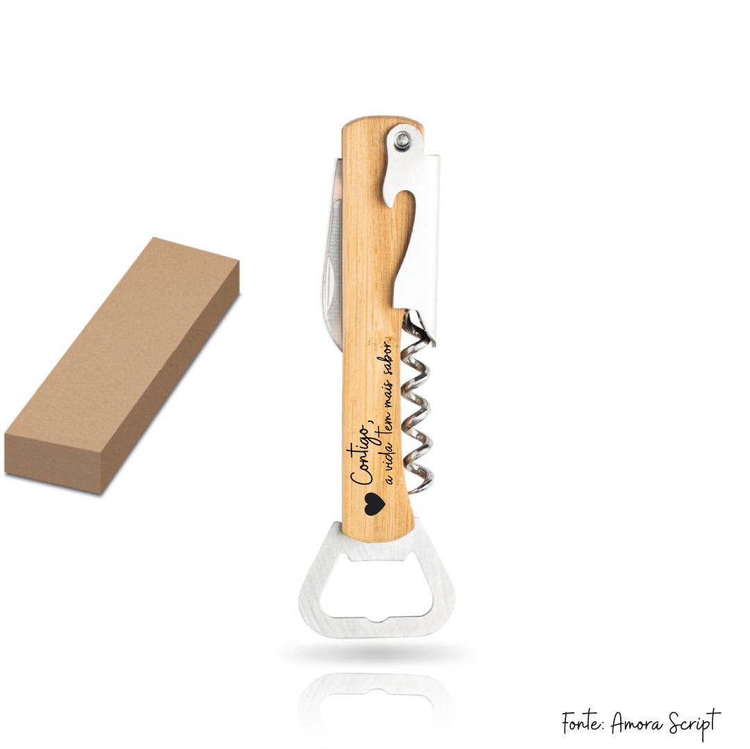 Saca-rolhas de bamboo personalizado com gravação a laser, modelo premium ecológico.