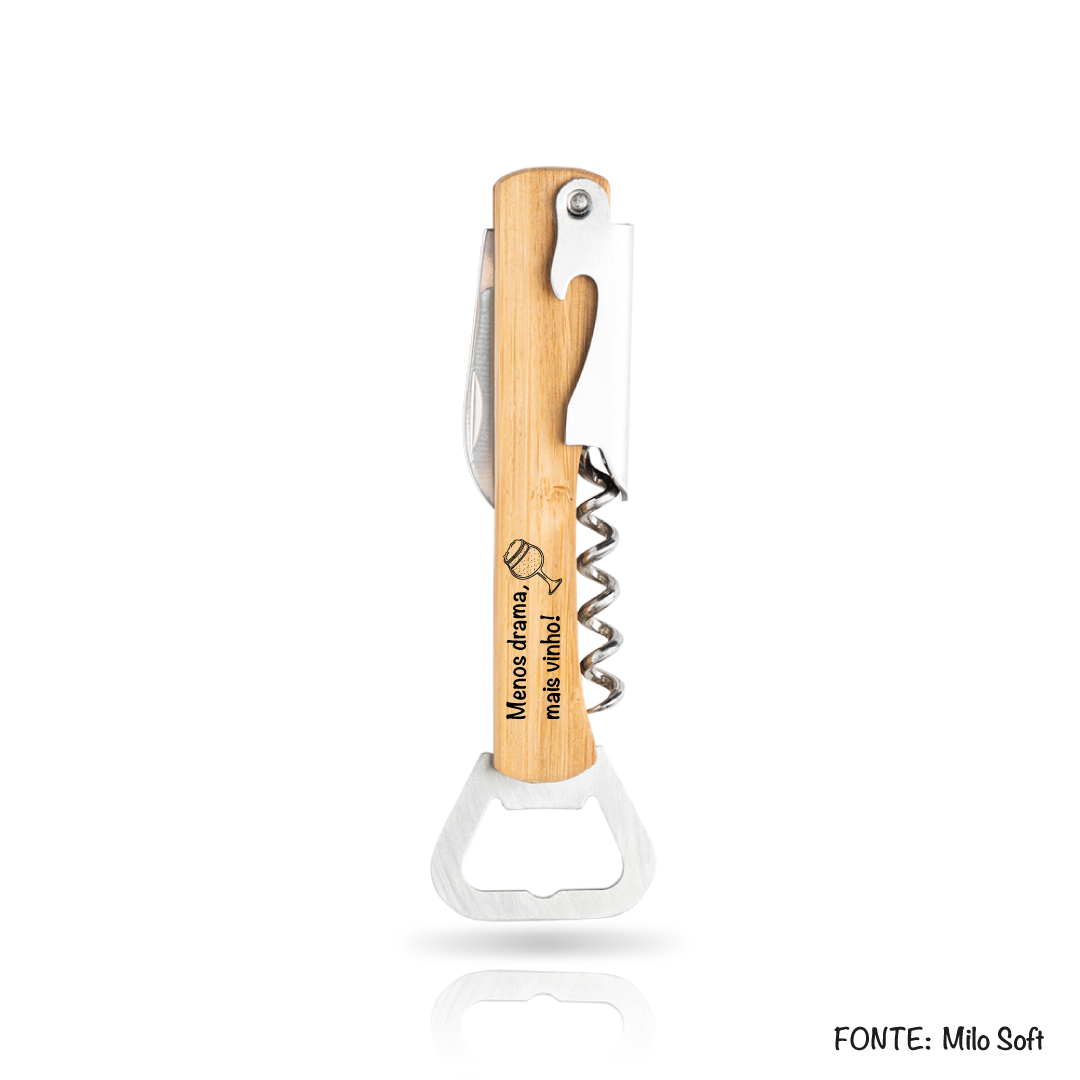 Saca-rolhas de bamboo personalizado com gravação a laser, modelo premium ecológico.