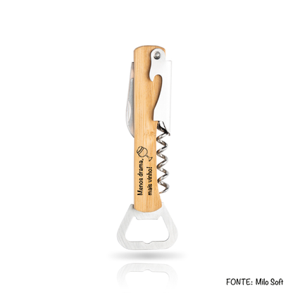Saca-rolhas de bamboo personalizado com gravação a laser, modelo premium ecológico.