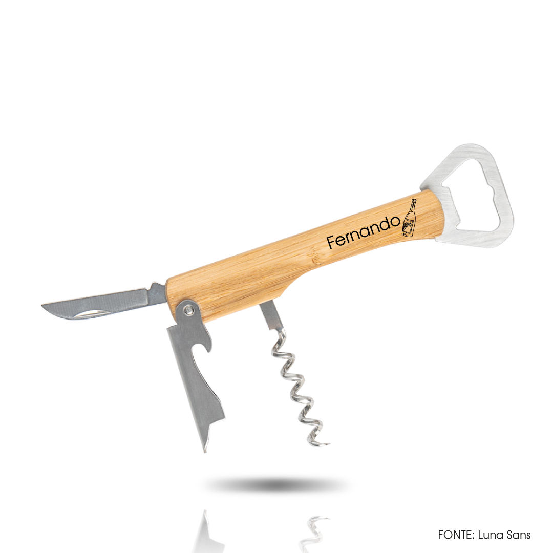 Saca-rolhas de bamboo personalizado com gravação a laser, modelo premium ecológico.