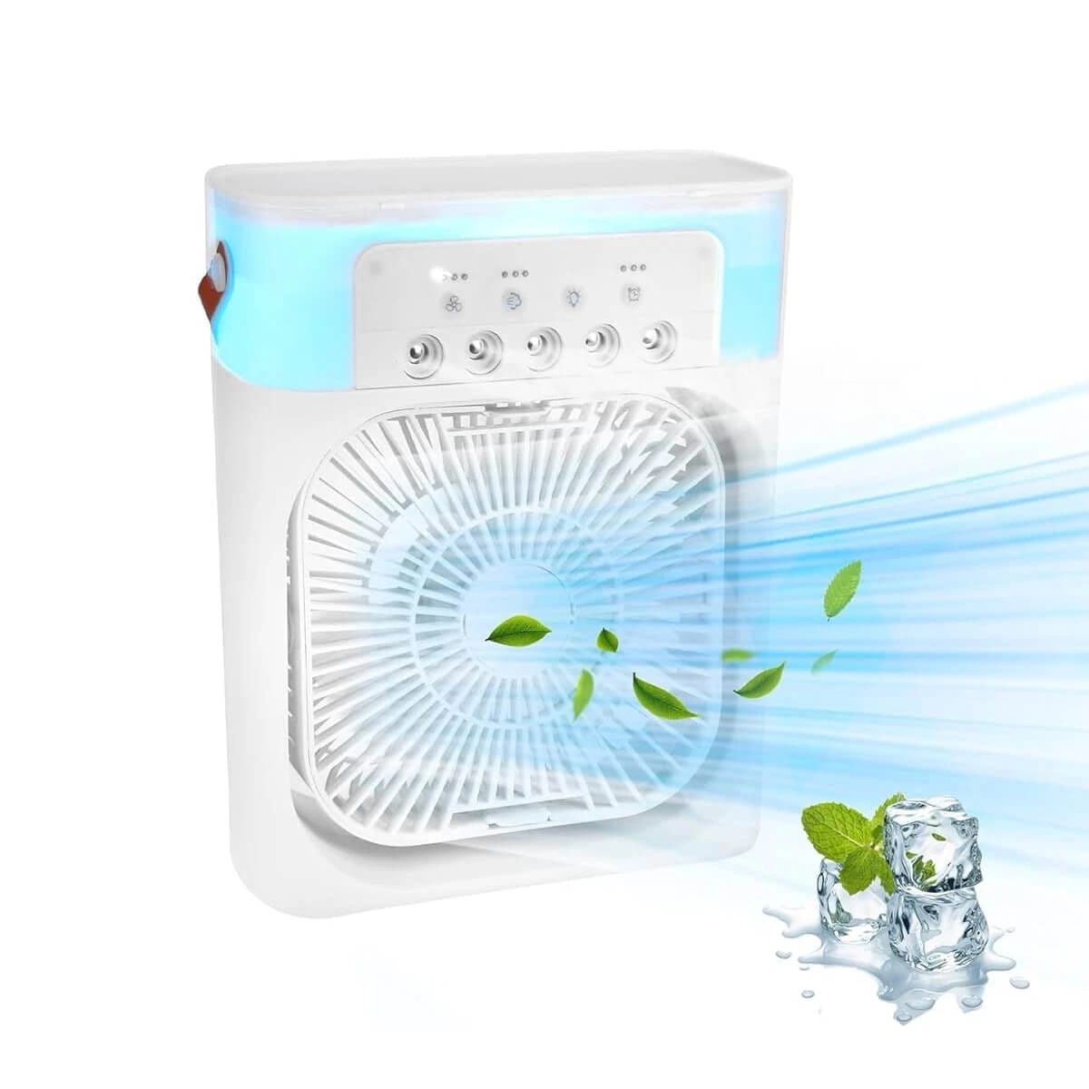 Mini Climatizador Evaporativo Portátil USB-C com Ventoinha, Humidificador e Luz LED RGB 600ml