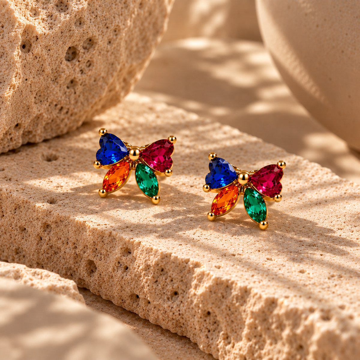 brincos Íris laço cristais multicolor em aço inoxidável