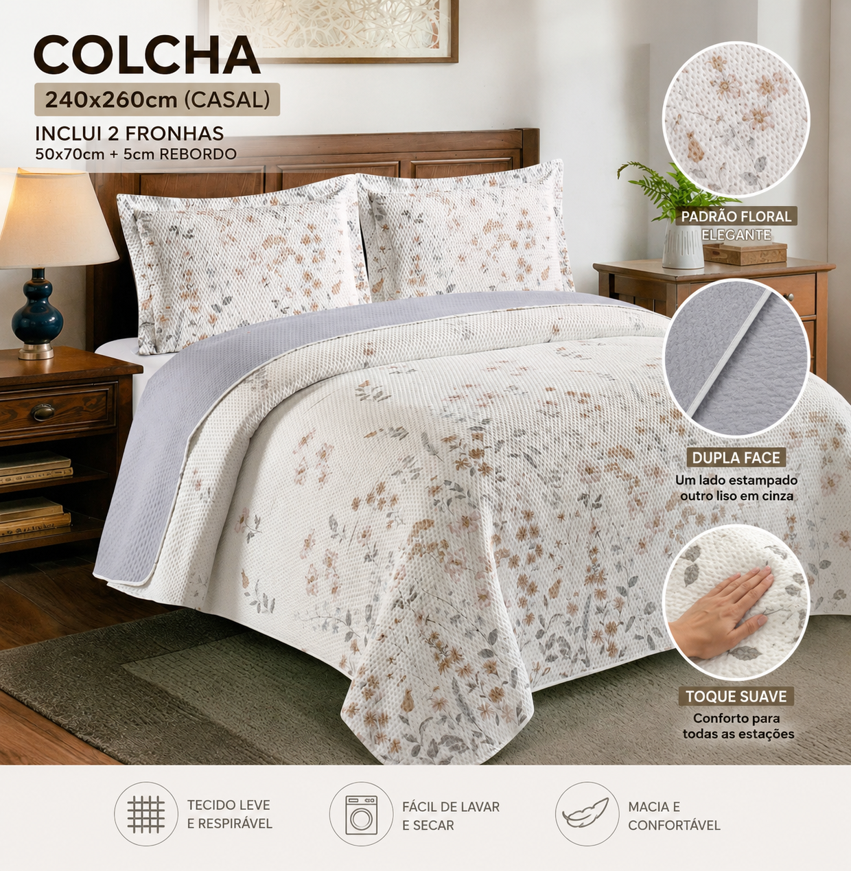 colcha casal dupla face floral 240x260cm com 2 fronhas