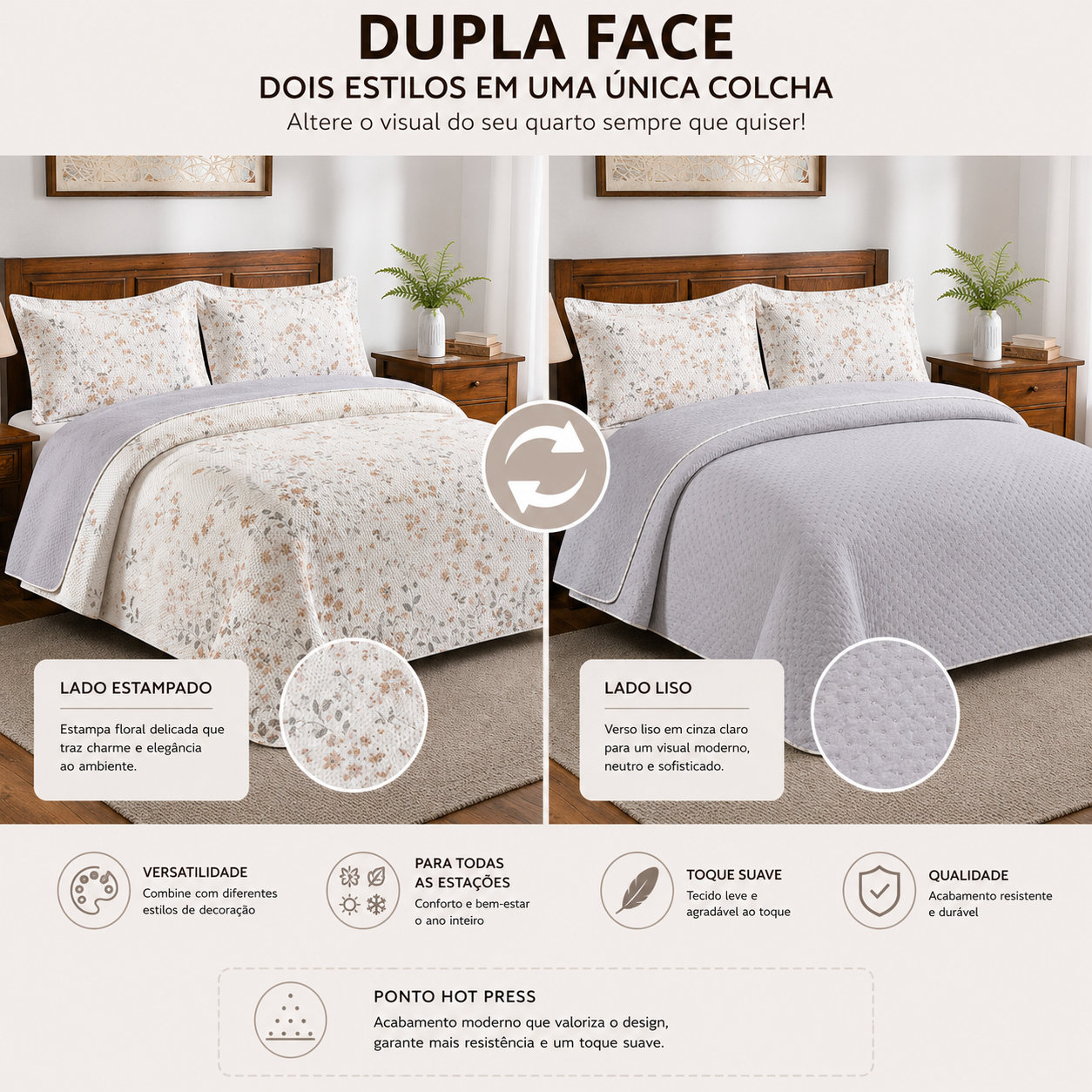 colcha floral elegante casal padrão bege e cinza