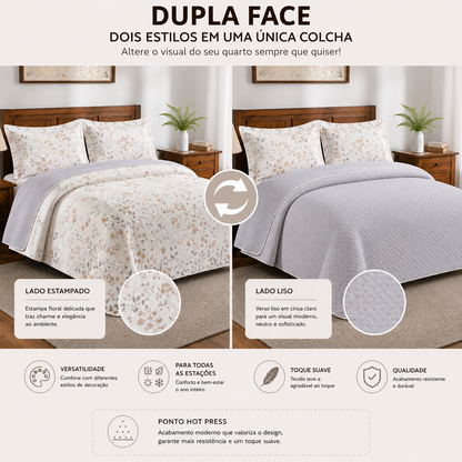 colcha floral elegante casal padrão bege e cinza