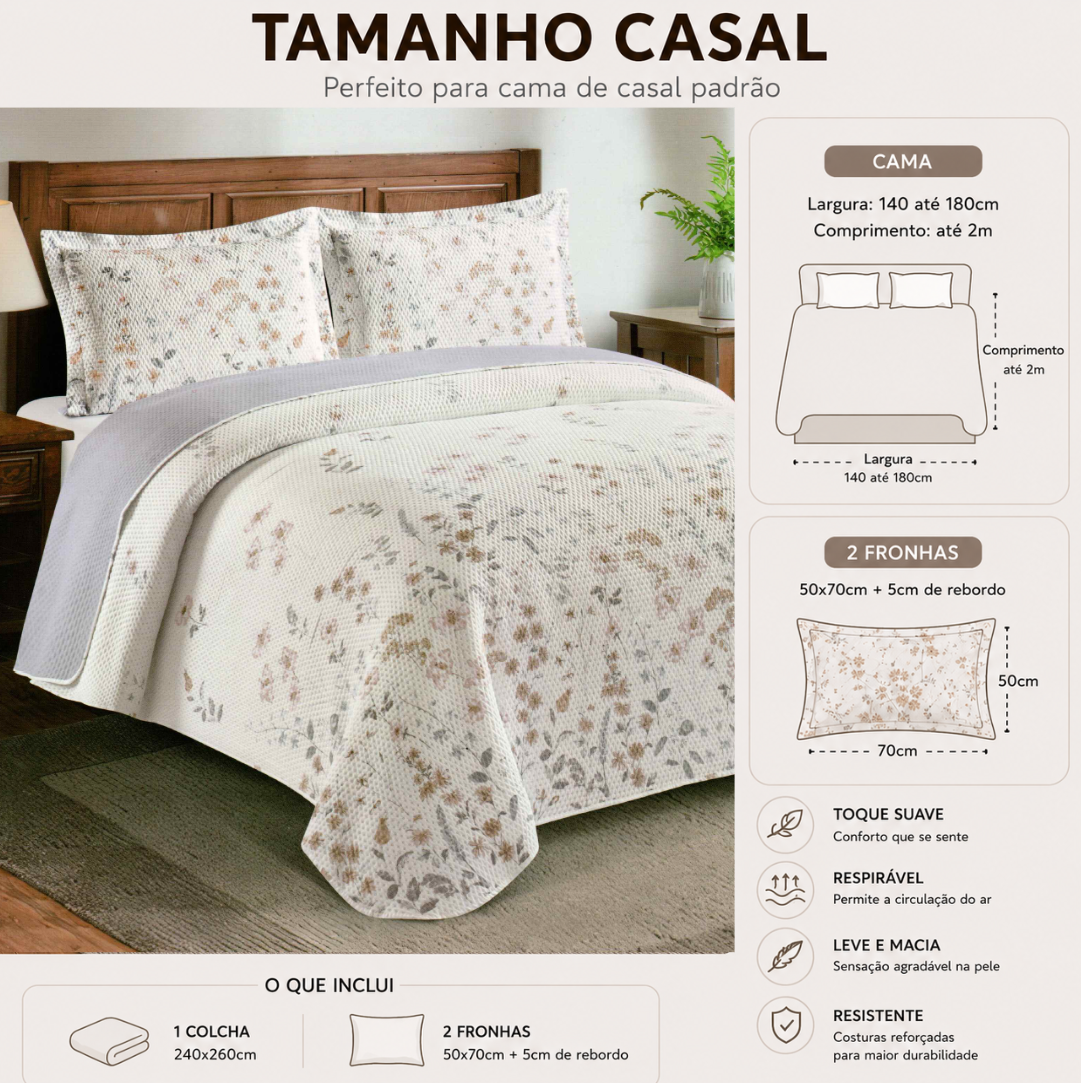 colcha casal dupla face floral 240x260cm com 2 fronhas