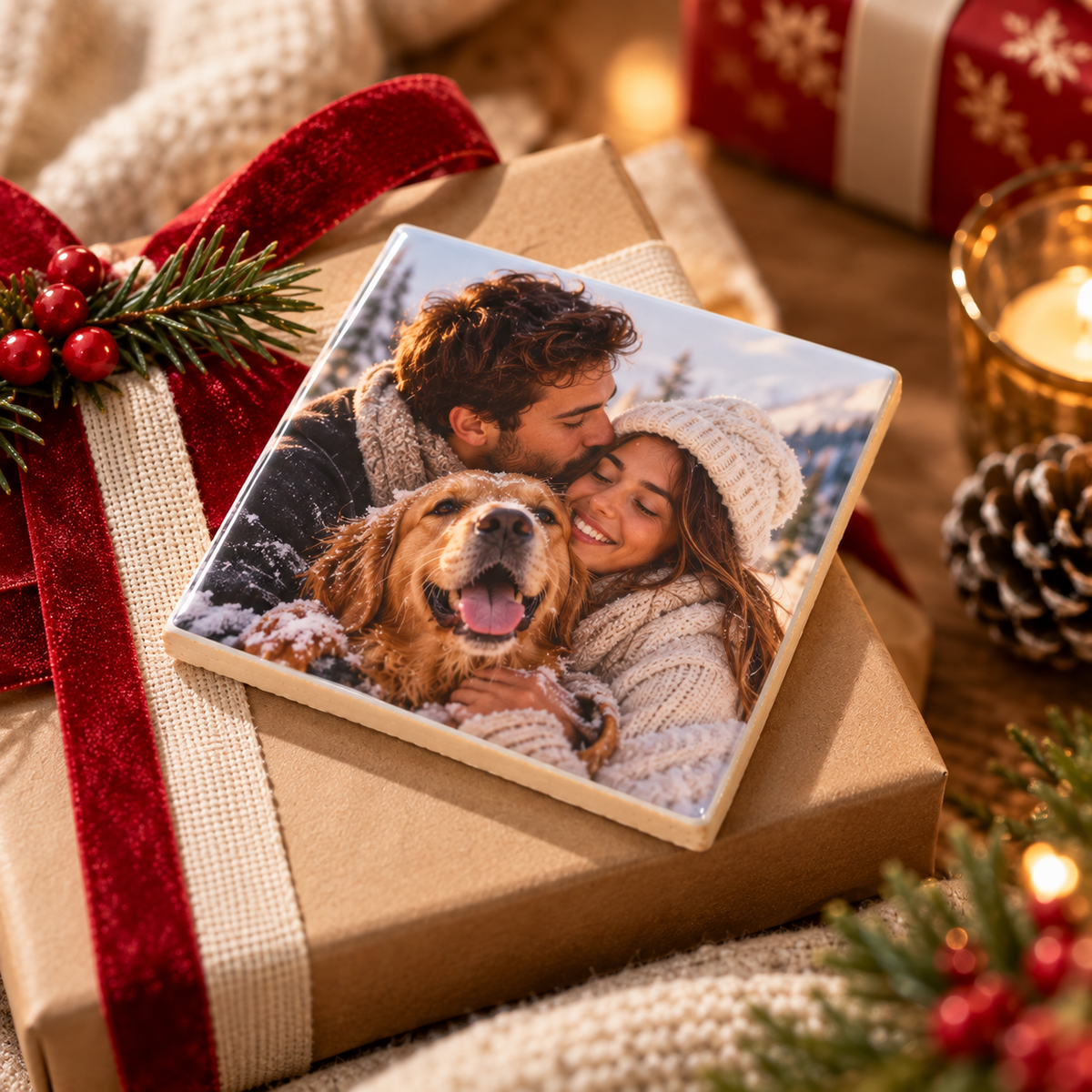 Íman quadrado 7x7 cm personalizado com fotografia e acabamento brilhante ideal para oferta ou presente de natal