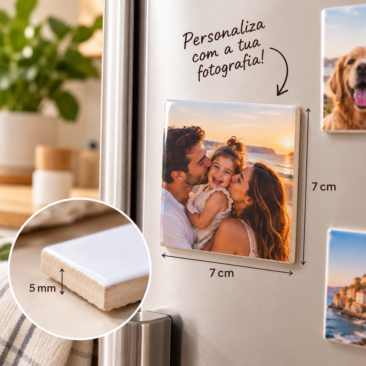 Íman de azulejo personalizado 7x7 cm com fotografia aplicado num frigorífico