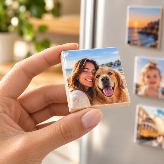 Íman quadrado personalizado com fotografia e acabamento brilhante