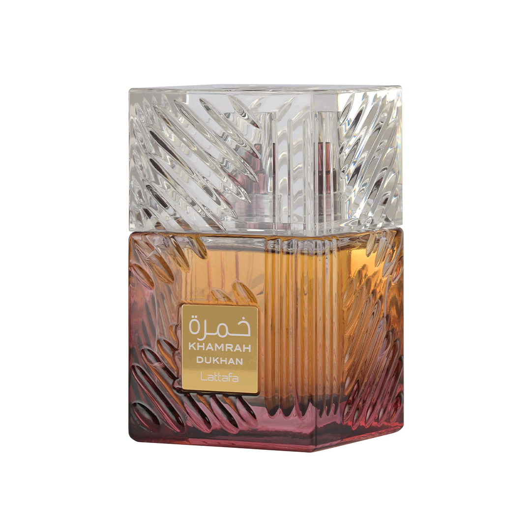 perfume árabe khamrah dukhan embalagem luxo lattafa