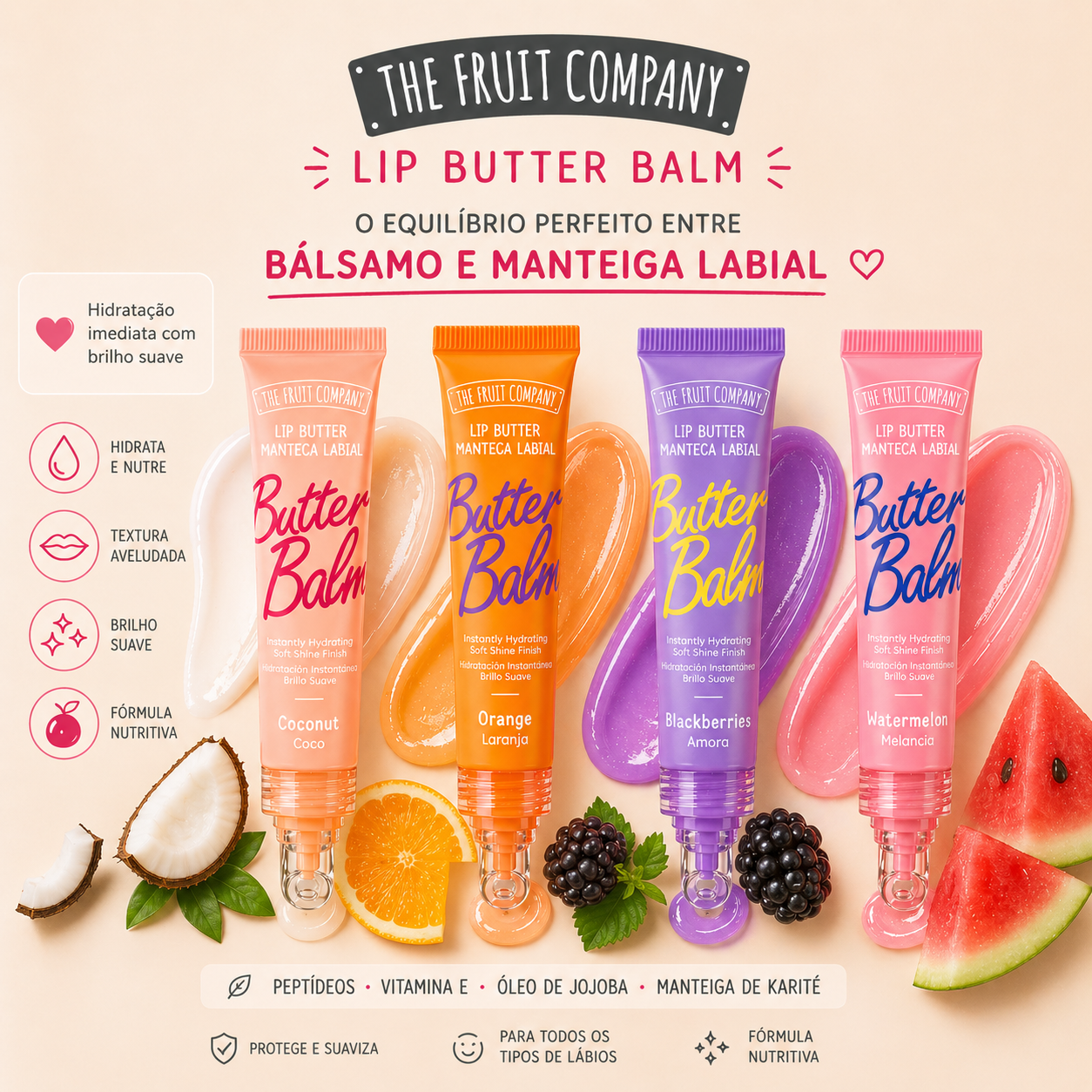 lip balm the fruit company hidratante brilho. Coco, amora, laranja e melancia. 