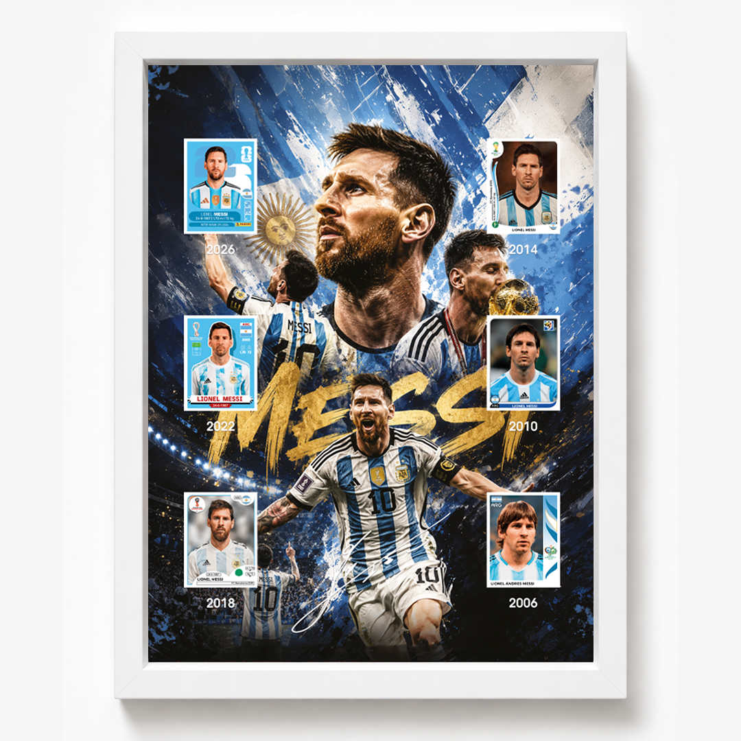 Quadro comemorativo Lionel Messi com cromos dos Mundiais em efeito 3D e moldura 30x40 cm