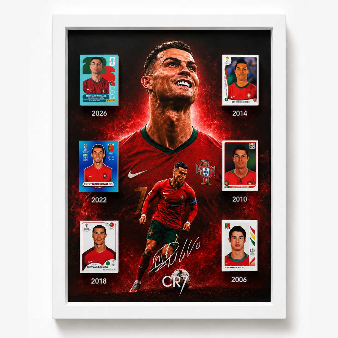 Quadro Cristiano Ronaldo CR7 com todos os cromos dos Mundiais em relevo 3D